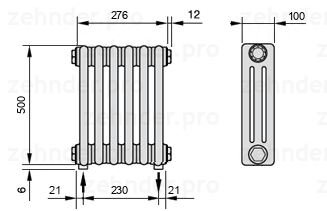 Схема (чертеж) Радиатор Zehnder Charleston 3050/6 №5310 Белый глянцевый RAL 9016